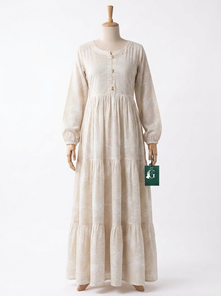 Home Beige Tiered Printed Maxi Dress
