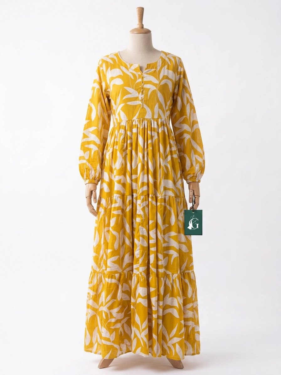 Home Mustard Leaf Printed Tiered Maxi